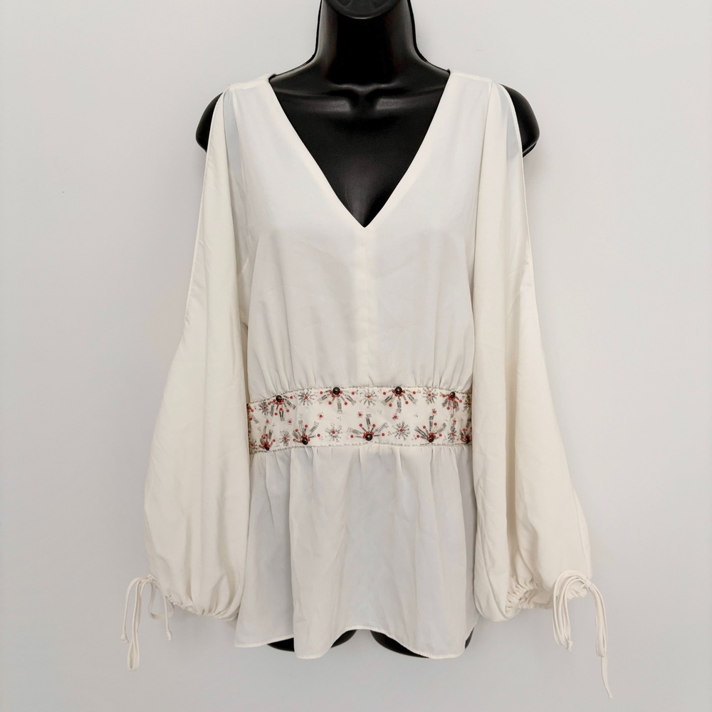 Rampage Vintage Blouse Cold Shoulder Beaded Waist Ivory Large